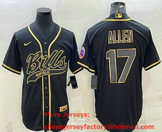 Men's Buffalo Bills #17 Josh Allen Black Gold With Patch Cool Base Stitched Baseball Jersey
