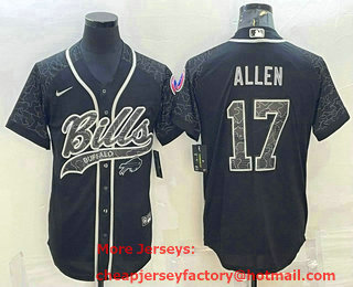 Men's Buffalo Bills #17 Josh Allen Black Reflective With Patch Cool Base Stitched Baseball Jersey