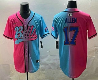 Men's Buffalo Bills #17 Josh Allen Pink Blue Split Limited Baseball Jersey