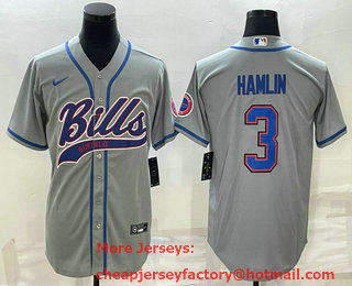 Men's Buffalo Bills #3 Damar Hamlin Grey With Patch Cool Base Stitched Baseball Jersey