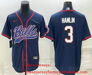 Men's Buffalo Bills #3 Damar Hamlin Navy Blue With Patch Cool Base Stitched Baseball Jersey