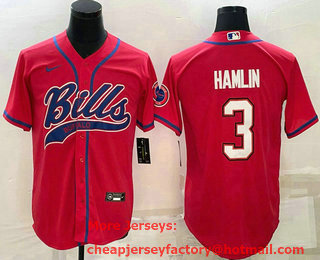 Men's Buffalo Bills #3 Damar Hamlin Red With Patch Cool Base Stitched Baseball Jersey