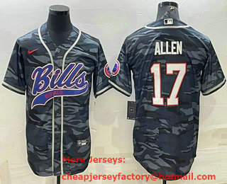 Men's Buffalo Bills #17 Josh Allen Grey Navy Camo With Patch Cool Base Stitched Baseball Jersey
