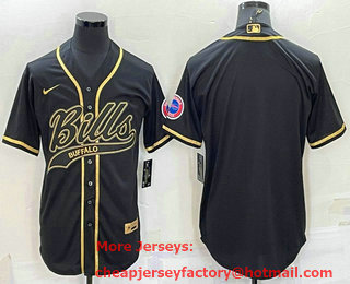 Men's Buffalo Bills Blank Black Gold With Patch Cool Base Stitched Baseball Jersey