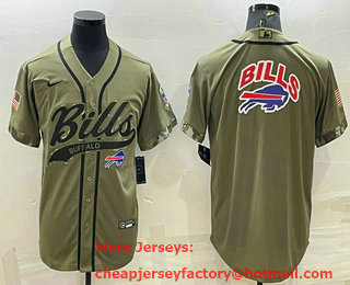 Men's Buffalo Bills Olive Salute to Service Team Big Logo Cool Base Stitched Baseball Jersey