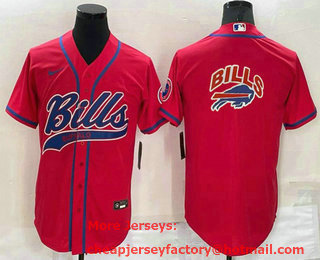 Men's Buffalo Bills Red Team Big Logo With Patch Cool Base Stitched Baseball Jersey