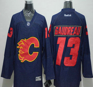 Men's Calgary Flames #13 Johnny Gaudreau Navy Blue Denim Fabric Fashion Jersey