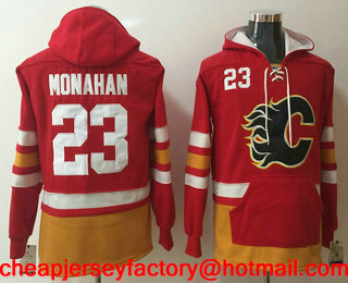 Men's Calgary Flames #23 Sean Monahan NEW Red Pocket Stitched NHL Old Time Hockey Hoodie