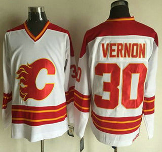 Men's Calgary Flames #30 Mike Vernon 1980-81 White CCM Vintage Throwback Jersey