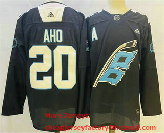 Men's Carolina Hurricanes #20 Sebastian Aho 2022 Black Warm up Stitched Jersey