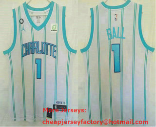 Men's Charlotte Hornets #1 LaMelo Ball White 2022 Brand Jordan Swingman Jersey With Sponsor