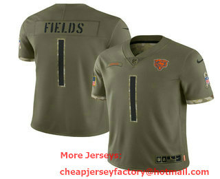 Men's Chicago Bears #1 Justin Fields 2022 Olive Salute To Service Limited Stitched Jersey