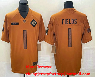 Men's Chicago Bears #1 Justin Fields Brown 2023 Salute To Service Limited Stitched Jersey