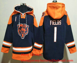 Men's Chicago Bears #1 Justin Fields Navy Blue Ageless Must Have Lace Up Pullover Hoodie