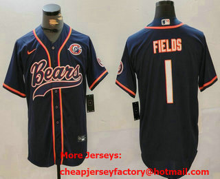 Men's Chicago Bears #1 Justin Fields Navy Bear Logo Cool Base Stitched Baseball Jersey