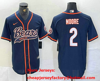 Men's Chicago Bears #2 DJ Moore Navy BlueWith Patch Cool Base Stitched Baseball Jersey