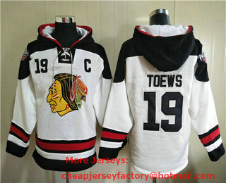 Men's Chicago Blackhawks #19 Jonathan Toews White Ageless Must Have Lace Up Pullover Hoodie