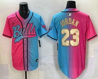 Men's Chicago Bulls #23 Michael Jordan Pink Blue Split Limited Baseball Jersey