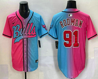 Men's Chicago Bulls #91 Dennis Rodman Pink Blue Split Limited Baseball Jersey