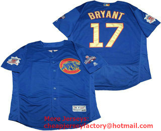 Men's Chicago Cubs #17 Kris Bryant Royal Blue World Series Champions Gold Stitched MLB 2017 Flex Base Jersey