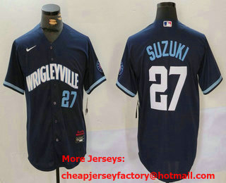 Men's Chicago Cubs #27 Seiya Suzuki Number Navy City Connect Cool Base Stitched Jersey