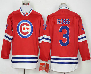 Men's Chicago Cubs #3 David Ross Red Long Sleeve Baseball Jersey