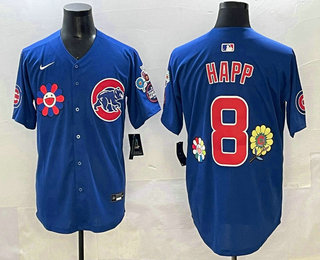 Men's Chicago Cubs #8 Ian Happ Blue Flower 2025 Tokyo Series Limited Jersey