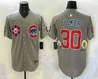 Men's Chicago Cubs #30 Kyle Tucker Grey Flower 2025 Tokyo Series Limited Jersey