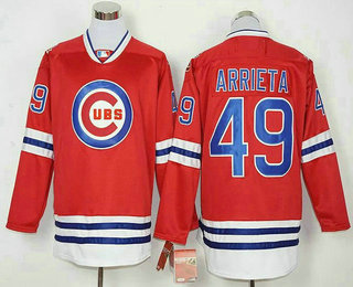 Men's Chicago Cubs #49 Jake Arrieta Red Long Sleeve Baseball Jersey