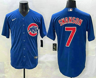 Men's Chicago Cubs #7 Dansby Swanson Blue Cool Base Jersey