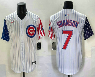 Men's Chicago Cubs #7 Dansby Swanson White Pinstripe USA Cool Base Stitched Baseball Jersey