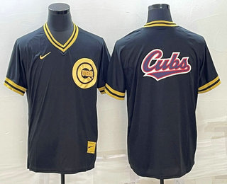 Men's Chicago Cubs Big Logo Black Gold Nike Cooperstown Legend V Neck Jersey