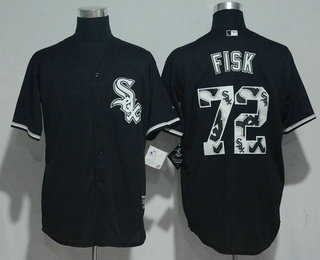 Men's Chicago White Sox #72 Carlton Fisk Retired Black Team Logo Ornamented Stitched MLB Cool Base Jersey
