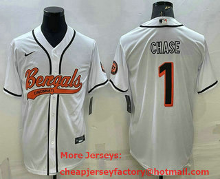 Men's Cincinnati Bengals #1 JaMarr Chase White With Patch Cool Base Stitched Baseball Jersey
