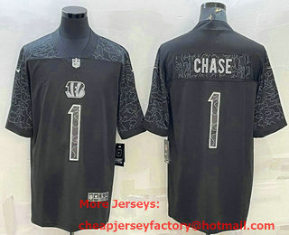 Men's Cincinnati Bengals #1 JaMarr Chase Black Reflective Limited Stitched Football Jersey