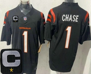 Men's Cincinnati Bengals #1 JaMarr Chase Limited Black 2025 Captain Patch FUSE Vapor Jersey