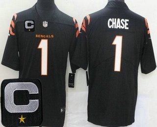 Men's Cincinnati Bengals #1 JaMarr Chase Limited Black 2025 Captain Patch Vapor Jersey
