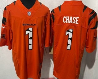 Men's Cincinnati Bengals #1 JaMarr Chase Limited Orange Fashion FUSE Vapor Jersey