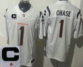 Men's Cincinnati Bengals #1 JaMarr Chase Limited White 2025 Captain Patch FUSE Vapor Jersey