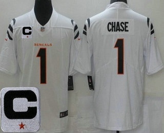Men's Cincinnati Bengals #1 JaMarr Chase Limited White 2025 Captain Patch Vapor Jersey