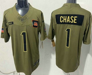 Men's Cincinnati Bengals #1 JaMarr Chase Olive 2025 FUSE Salute to Service Limited Jersey