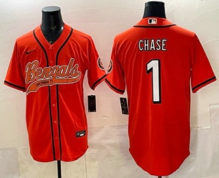 Men's Cincinnati Bengals #1 JaMarr Chase Orange With Patch Cool Base Stitched Baseball Jersey