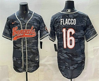 Men's Cincinnati Bengals #16 Joe Flacco Grey Camo With Patch Cool Base Stitched Baseball Jersey