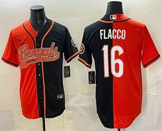 Men's Cincinnati Bengals #16 Joe Flacco Orange Black Split With Patch Cool Base Stitched Baseball Jersey