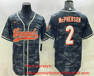 Men's Cincinnati Bengals #2 Evan McPherson Grey Camo With Patch Cool Base Stitched Baseball Jersey