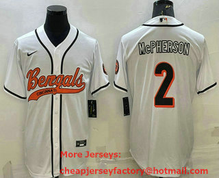 Men's Cincinnati Bengals #2 Evan McPherson White With Patch Cool Base Stitched Baseball Jersey
