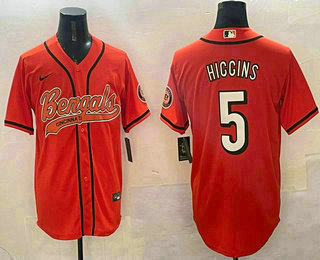 Men's Cincinnati Bengals #5 Tee Higgins Orange With Patch Cool Base Stitched Baseball Jersey