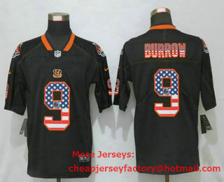 Men's Cincinnati Bengals #9 Joe Burrow 2020 USA Flag Fashion Black Color Rush Stitched Nike Limited Jersey