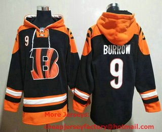 Men's Cincinnati Bengals #9 Joe Burrow Black Ageless Must Have Lace Up Pullover Hoodie
