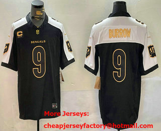 Men's Cincinnati Bengals #9 Joe Burrow Black Gold Thanksgiving FUSE Vapor Limited Stitched Jersey